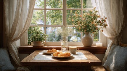 Poster - A cozy table setting by a window with pastries, coffee, and fresh flowers, creating a warm and inviting atmosphere.