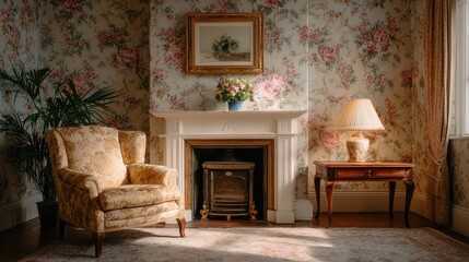 Poster - Cozy interior featuring floral wallpaper, vintage furniture, a fireplace, and soft lighting, creating an inviting atmosphere.