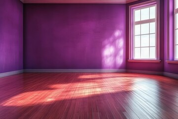 Poster - Serene Sunlit Amethyst Room Minimalist Design Featuring Natural Wooden Flooring and Elegant Windows