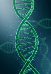 Poster - Double Helix Genetic Code - Close-up detailed view of a DNA double helix, glowing green against a dark teal background. Scientific concept