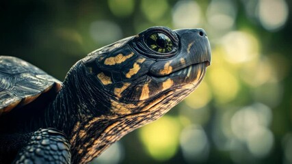 Poster - Turtle close-up with detailed shell and bokeh background, nature photography