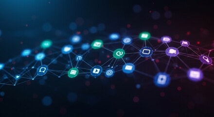 Poster - Global Network Connection - Abstract of interconnected social media icons forming a network, representing global communication and connectivity
