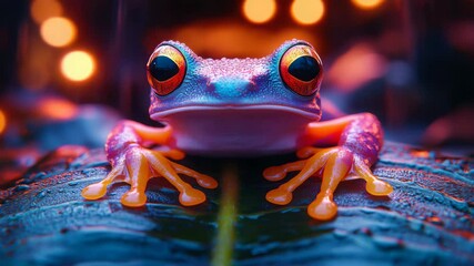 Poster - Colorful frog with large eyes sitting on a leaf under neon lights, 3d digital art