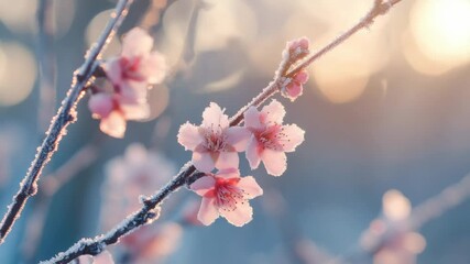 Poster - Delicate pink cherry blossoms with morning frost in gentle sunrise light