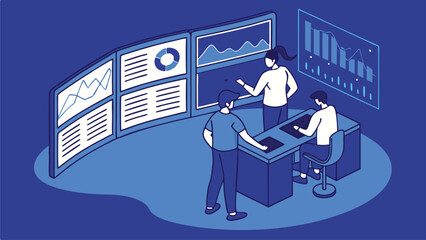 Poster - Team analyzing data on multiple screens with charts and graphs in a modern office environment setting up data