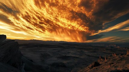 Wall Mural - Dramatic fiery sunset over desert landscape with vibrant clouds formation