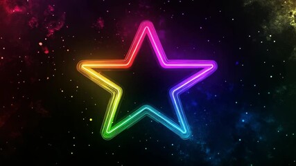 Poster - Glowing neon rainbow star in dark starry space, cosmic digital art