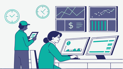 Poster - Two individuals analyzing data on screens with charts graphs and clocks in a modern office setting view