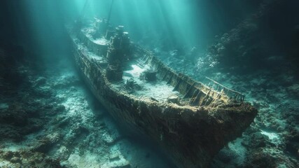 Poster - Sunken shipwreck illuminated by sunlight on ocean floor, mysterious atmosphere