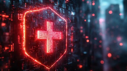 Leinwandbilder - Red digital shield with cross symbol on a futuristic dark background