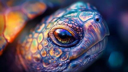 Poster - Vibrant close-up of a turtle with colorful patterns and glowing textures