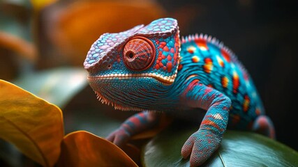 Poster - Colorful chameleon on leaf with vivid patterns and intense gaze, wildlife photography