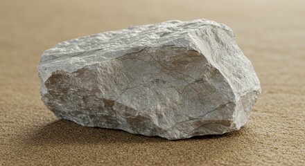 Poster - Rough Stone on Sandy Surface - A single, rough-hewn stone rests on a sandy surface, symbolizing strength, resilience, nature, simplicity, and timelessness