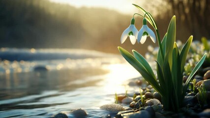 Poster - Snowdrop flowers by a riverbank in early morning light, emerging spring concept
