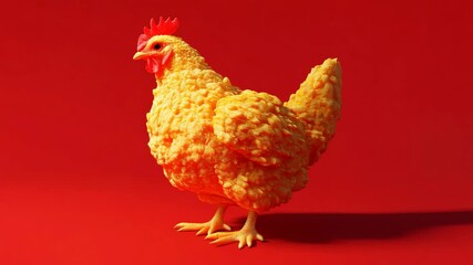 Aufkleber - Bright yellow chicken against solid red background, 3d rendering of surreal concept