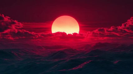 Aufkleber - Surreal red sunset over an ocean with dramatic clouds, digital artwork concept