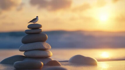 Poster - Stacked pebbles with bird at sunset over a tranquil beach scene