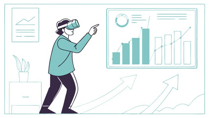 Poster - A person wearing vr headset interacting with data visualization in a modern office environment setting up