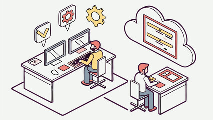 Poster - Illustration depicting two people working at desks with computers connected to a cloud server system online