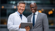 © Helga - Male doctor in white coat showing medical results to patient on digital tablet in modern clinic, both focused on screen during consultation. doctor showing tablet, digital health c