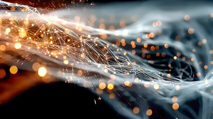 Fototapete - A flow of interconnected glowing nodes and lines forming a digital network, with a soft bokeh background