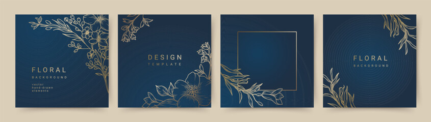 Wall Mural - elegant luxury blue background with hand drawn golden line art floral pattern. floral frame. vector 