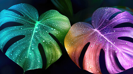 Poster - Colorful monstera leaves with water droplets, vibrant gradient, glossy texture, tropical plant, fresh mood