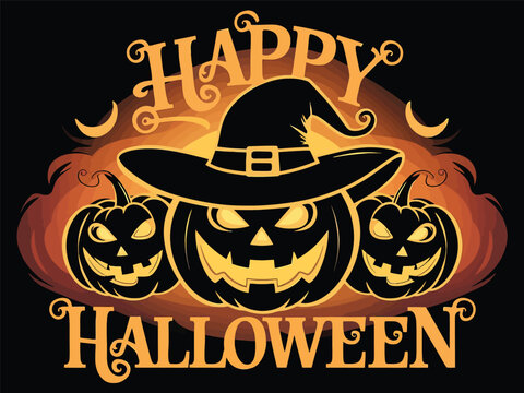 Halloween-themed digital illustration featuring three black jack-o'-lanterns