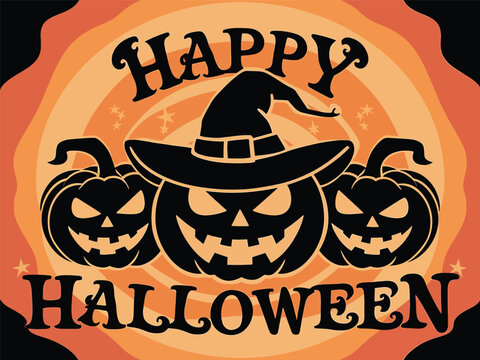 Halloween-themed digital illustration featuring three black jack-o'-lanterns