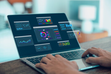 Aufkleber - Businessman analysis shows a digital dashboard chart of the financial database. concept of business management, analytics market. Reporting platform overview, CRM system, ai data research