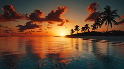Aufkleber - Sunset beach with palm tree, calm water, vibrant sky, tropical landscape, relaxing mood, reflection