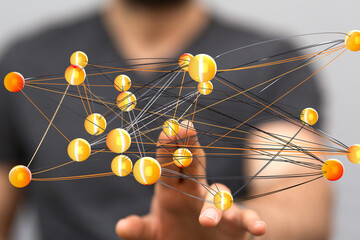 Aufkleber - Hand interacting with a 3D network, visualizing global connections and data flow.