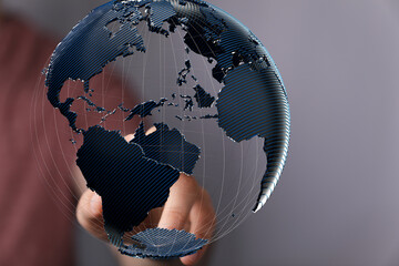 Fototapete - Abstract image of a hand interacting with a digital 3D Earth, symbolizing global connectivity and technology.