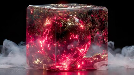 Fototapete - A glowing red crystalline orb emits smoke from within a clear resin cube, creating a mystical and futuristic art piece