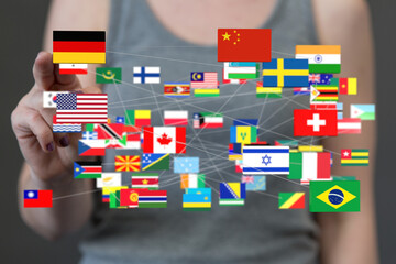 Poster - A hand interacts with a network of flags, representing global connections and international relations.