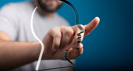 Poster - Abstract image of a hand interacting with a digital head outline.  Concept of AI, technology, and mental health.