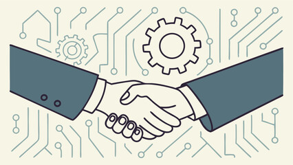 Poster - Illustration of a handshake in front of a circuit board with gears symbolizing technology deal making