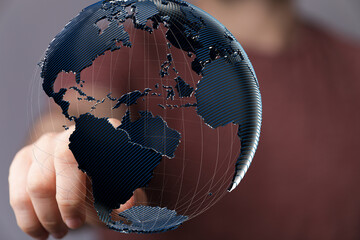 Poster - Abstract image of a hand interacting with a digital 3D model of the Earth, representing global connectivity and networking.