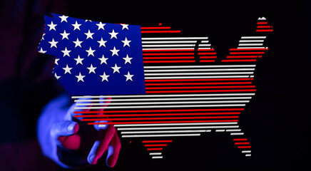 Poster - Striped American flag map design. Perfect for patriotic themes, digital art projects, and technology concepts.