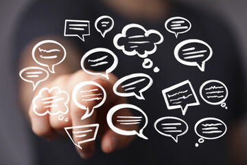 Aufkleber - Abstract image of hand interacting with speech bubbles, representing communication, feedback, and ideas.