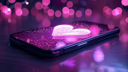 Poster - Sparkling heart illustration on smartphone screen surrounded by vibrant bokeh lights at night