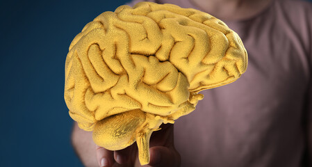 Poster - A 3D golden brain model represents intellect, creativity, and problem-solving. Perfect for business, technology, and education.