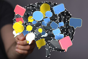 Poster - Abstract 3D rendering of interconnected speech bubbles, symbolizing global communication and networking.