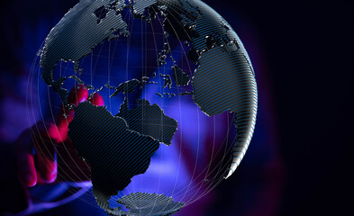 Poster - Abstract image of a hand interacting with a 3D model of Earth, representing global connectivity and technology.