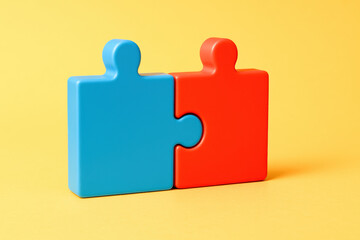 Poster - The connected blue and red puzzle pieces symbolize collaboration and strategic alignment essential for successful business growth and problem solving