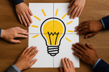 Poster - Collaboration and innovation spark success as diverse hands unite to form a bright idea symbolizing teamwork and creative progress