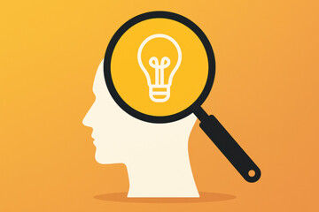 Poster - Insight and innovation drive progress as a magnifying glass highlights a light bulb within a human profile symbolizing focused creativity and thoughtful discovery in business contexts