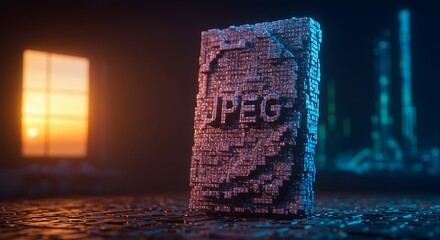 Leinwandbilder - Digital Image Block with Text on Metallic Surface in Room at Sunset