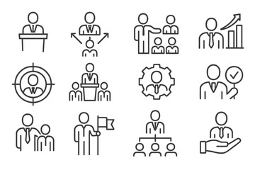 Poster - Icons of leadership and management showing various business activities in an office setting during daytime hours