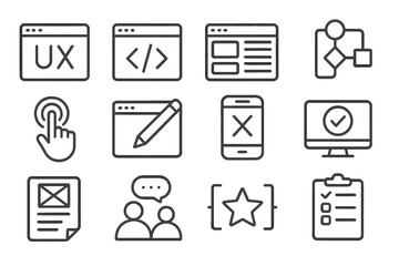 Aufkleber - Visual representation of web design elements showcasing user experience, coding, and project management tools